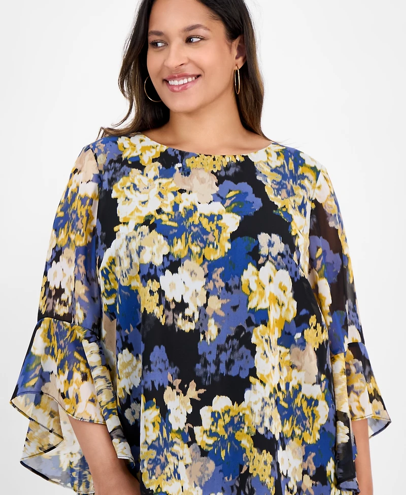 Kasper Plus 3/4-Ruffle Sleeve Printed Blouse