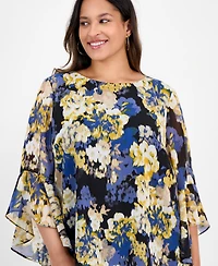 Kasper Plus 3/4-Ruffle Sleeve Printed Blouse