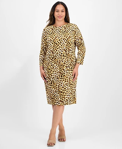 Kasper Plus Animal Print Long-Sleeve Dress