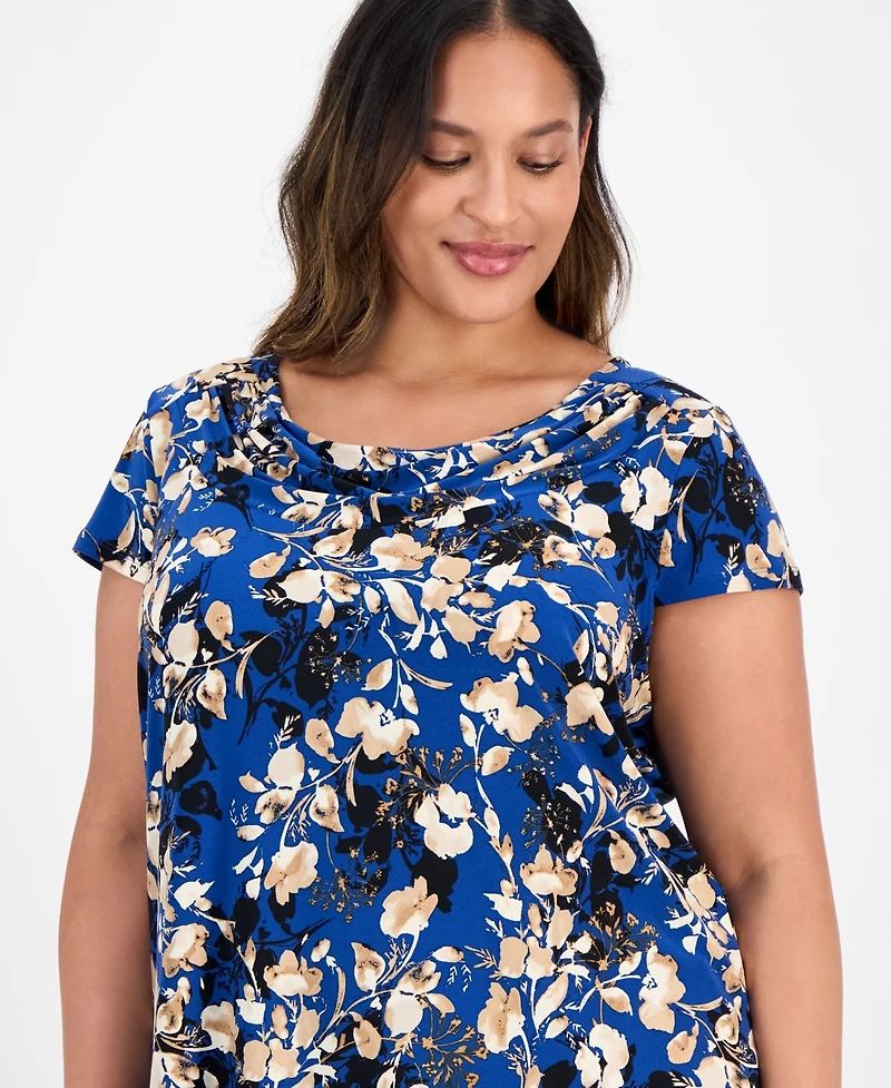 Kasper Plus Printed Cap-Sleeve Cowlneck Blouse
