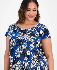 Kasper Plus Printed Cap-Sleeve Cowlneck Blouse