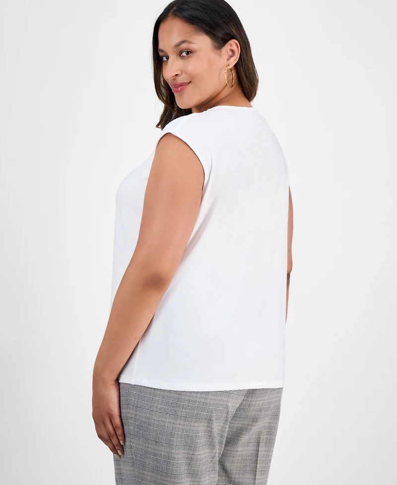 Kasper Plus Pleat-Neck Cap-Sleeve Blouse