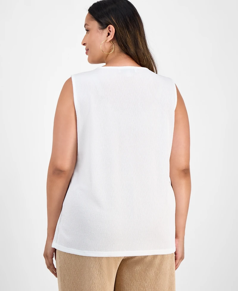 Kasper Plus Pleated-Neck Textured Top