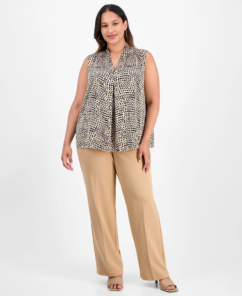 Kasper Plus V-Neck Pleated-Front Top
