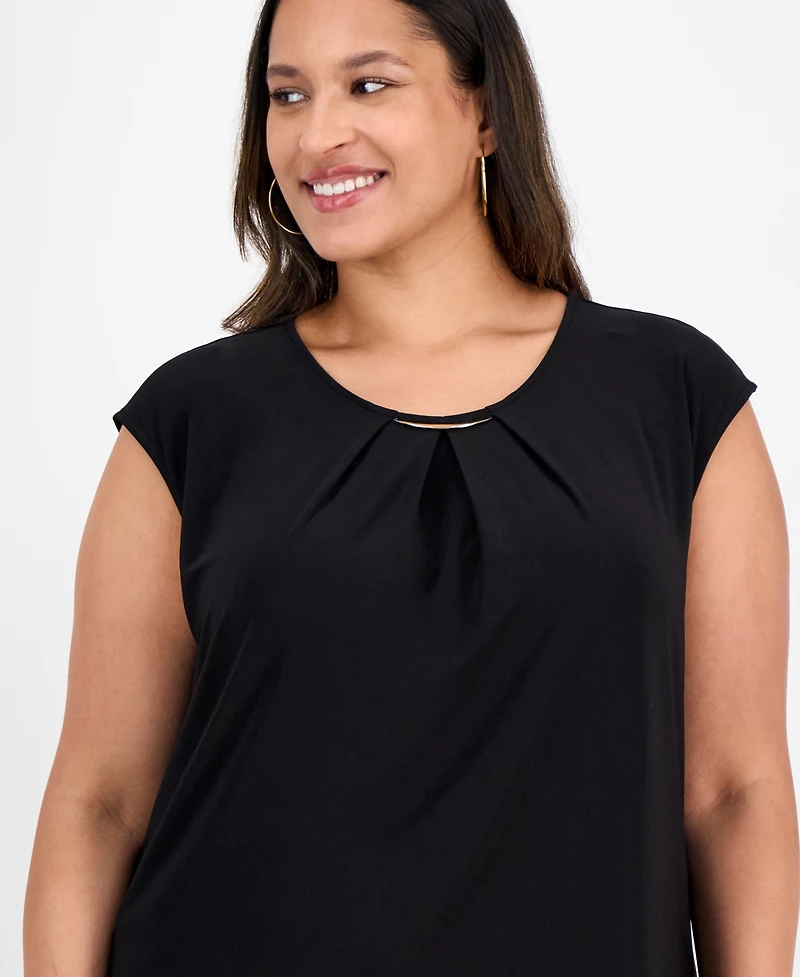 Kasper Plus Pleated-Neck Sleeveless Top