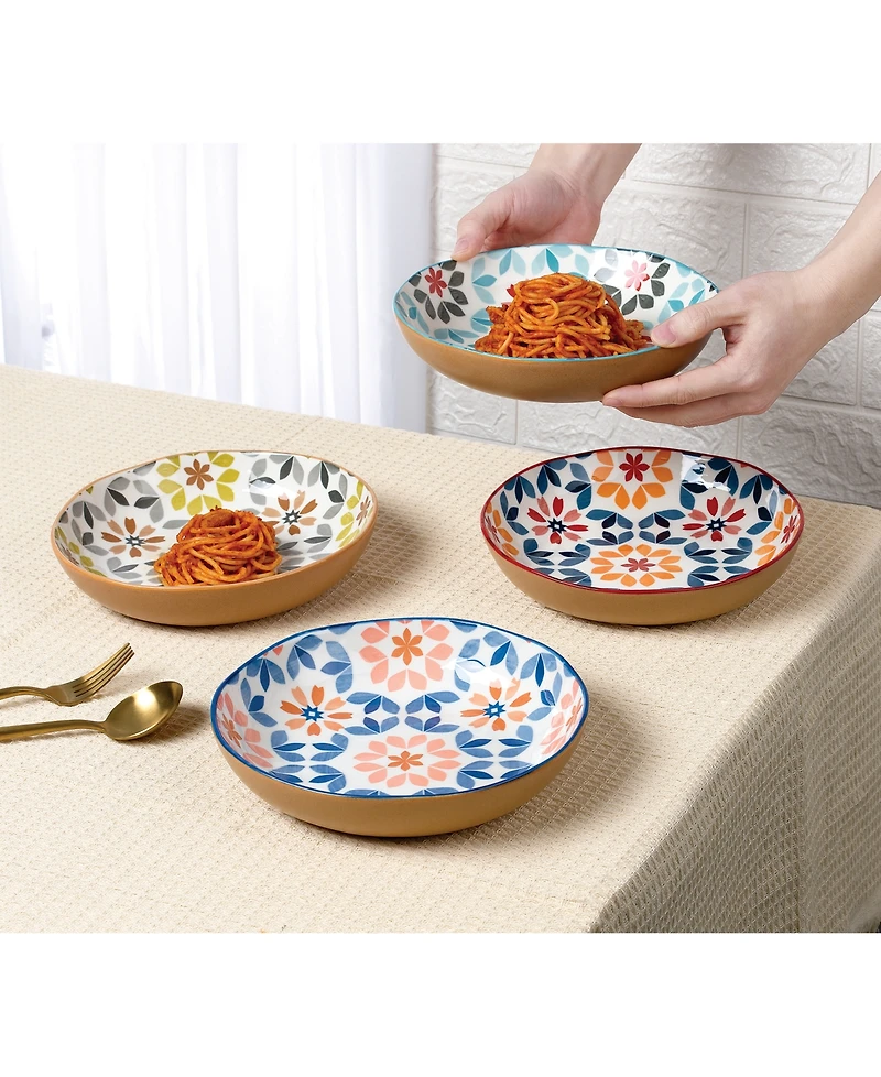 Lorren Home Trends Geo Floral Pasta Bowls, Assorted Set of 4
