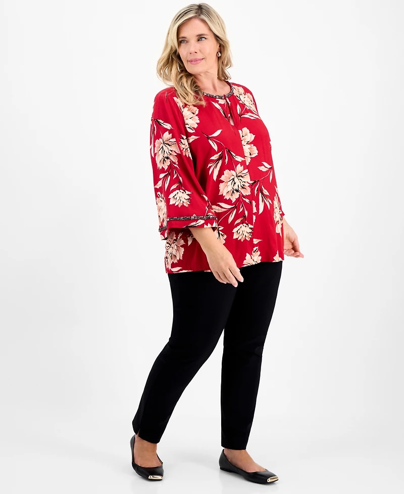 Jm Collection Plus Beaded-Trim Floral 3/4-Sleeve Top, Macy's Exclusive