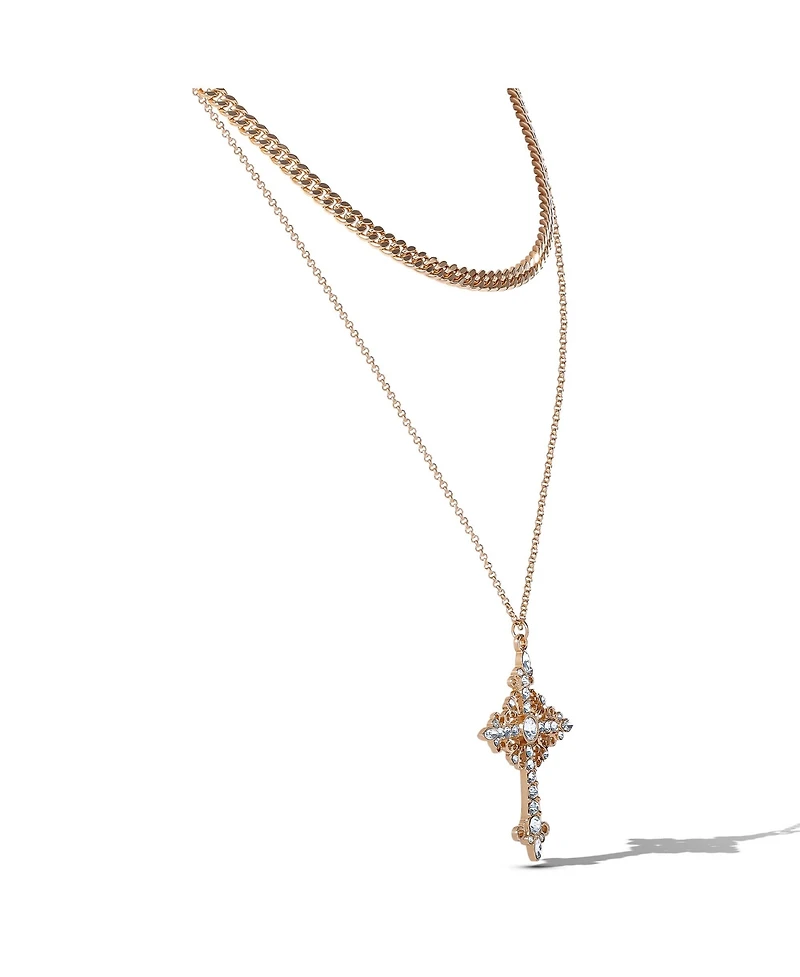 Jessica Simpson Gold-Tone Rhinestone Cross and Curb Chain Necklace Set
