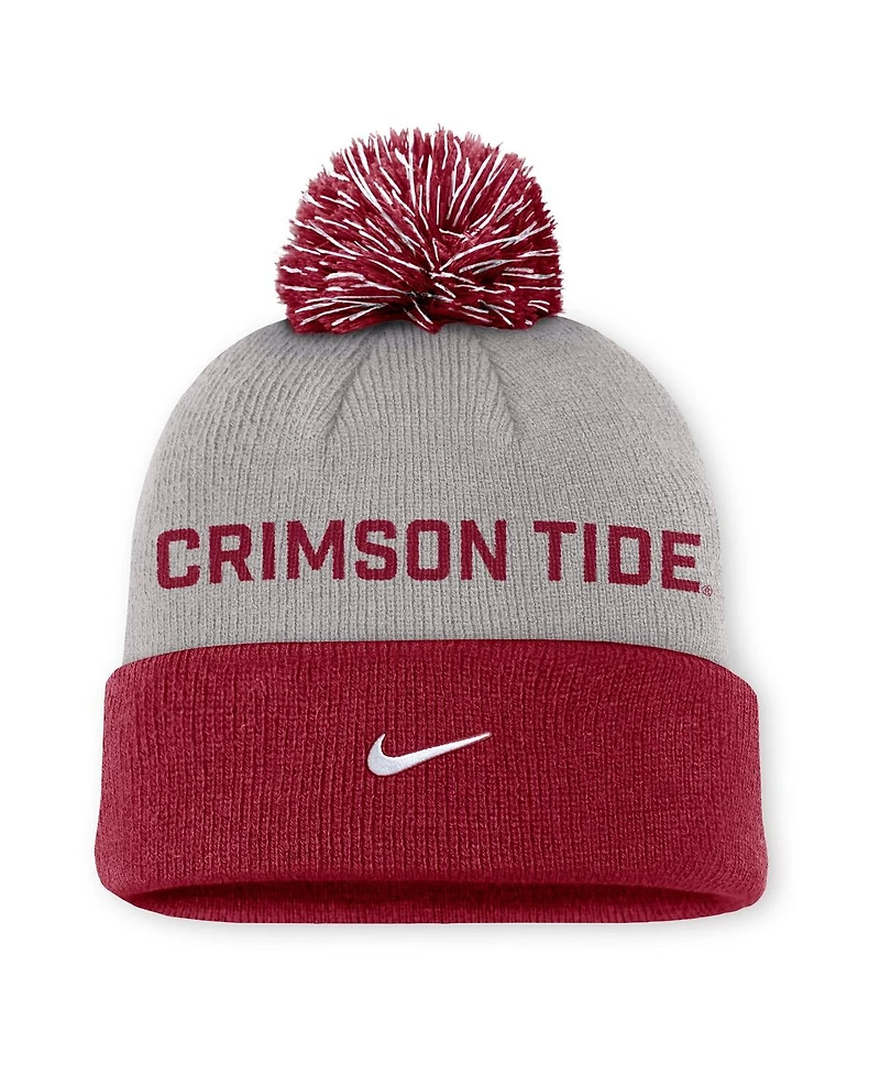 Nike Men's Gray/Crimson Alabama Crimson Tide Primetime Peak Cuffed with Pom Knit Hat