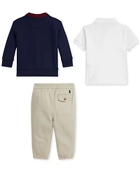 Polo Ralph Lauren Baby Boys Fleece Cardigan, Mesh Shirt & Chino Pant Set