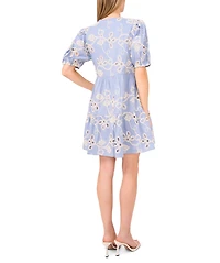 CeCe Women's Tie-Neck Embroidered Tiered Short-Sleeve Dress