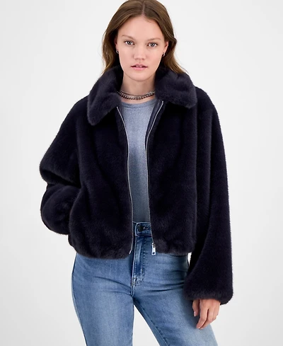 CeCe Petite Zip-Front Faux-Fur Bomber Jacket