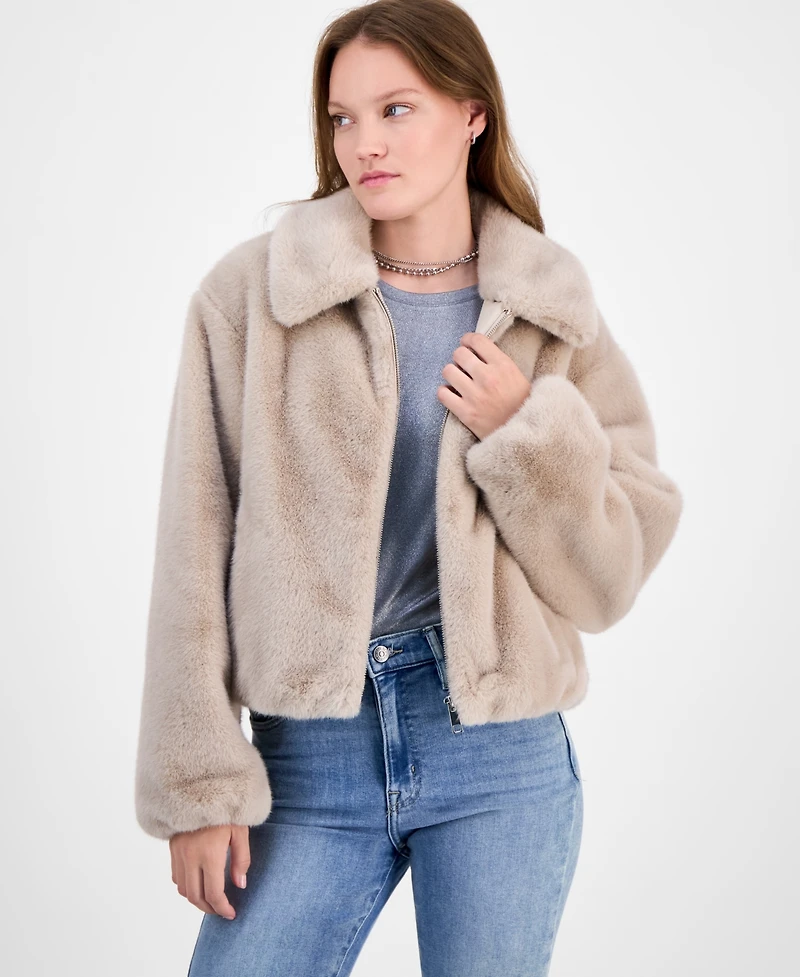 CeCe Petite Zip-Front Faux-Fur Bomber Jacket
