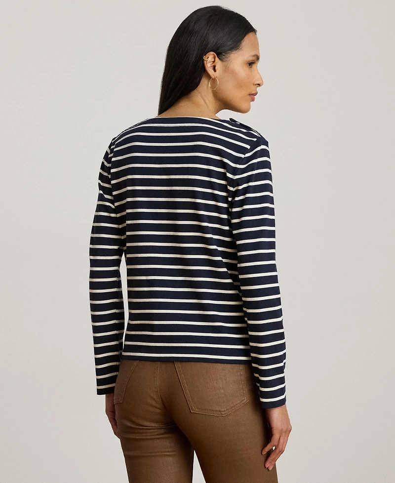 Lauren Ralph Women's Striped Jersey Snap-Trim Boatneck Top