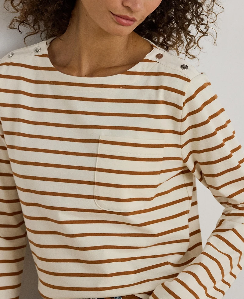 Lauren Ralph Women's Striped Jersey Snap-Trim Boatneck Top