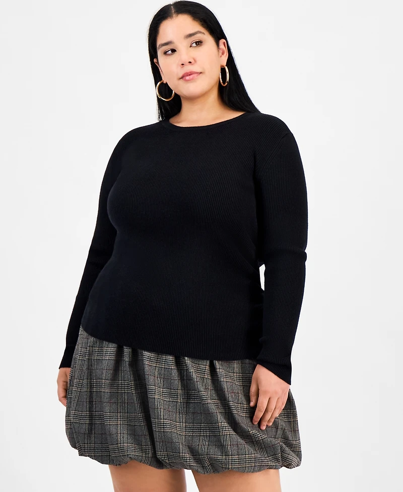 Bar Iii Trendy Plus Long Sleeve Ribbed Knit Top, Macy's Exclusive