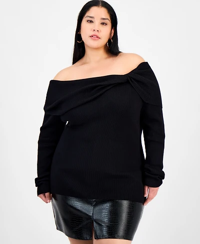 Bar Iii Trendy Plus Off-The-Shoulder Ribbed Sweater, Macy's Exclusive