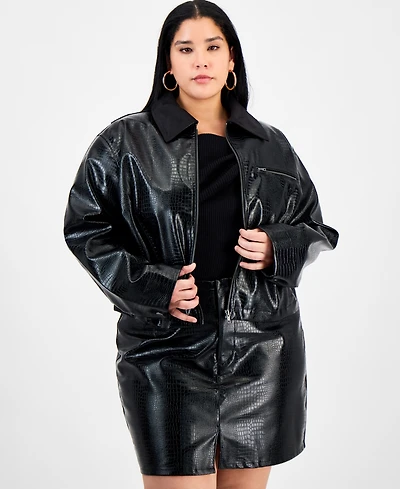 Bar Iii Trendy Plus Emboss Faux-Leather Jacket, Macy's Exclusive