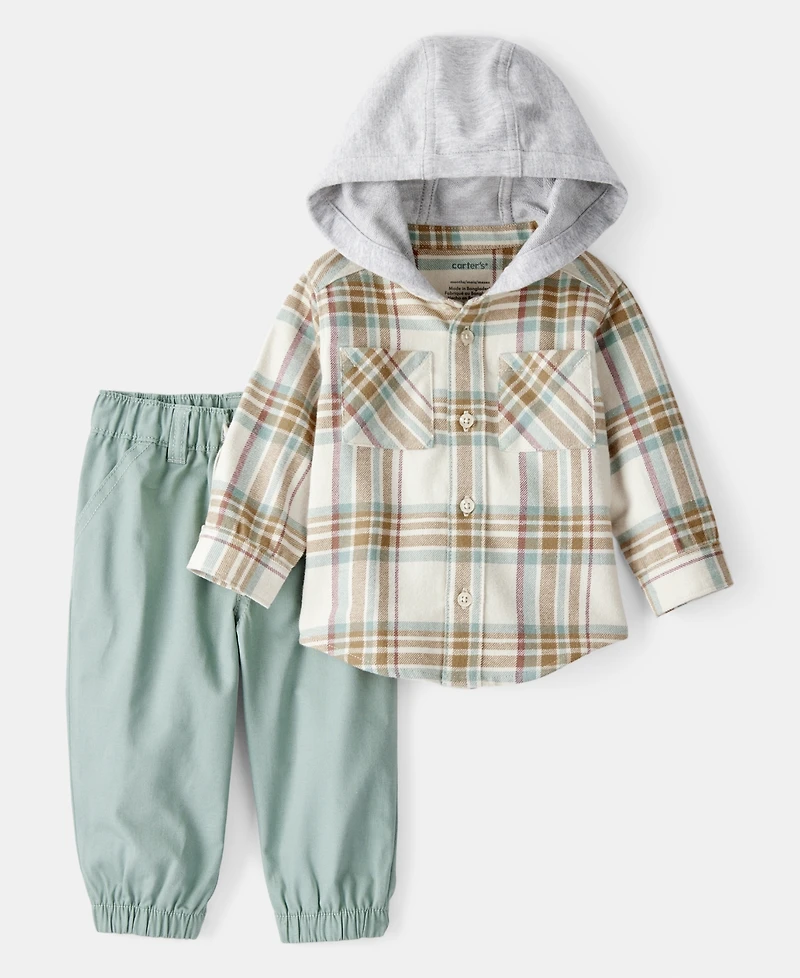 Carter's Baby Boys Cotton Hooded Plaid Long-Sleeve T-Shirt & Pants, 2 Piece Set