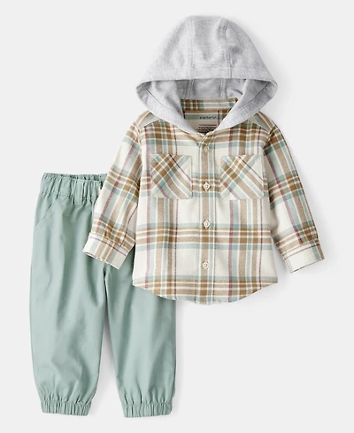 Carter's Baby Boys Cotton Hooded Plaid Long-Sleeve T-Shirt & Pants, 2 Piece Set
