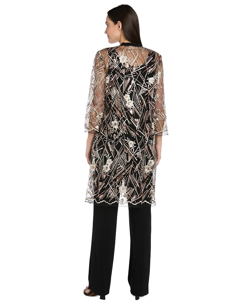 R & M Richards Women's Embellished Sheer Long Jacket, Sleeveless Top and Pants Set