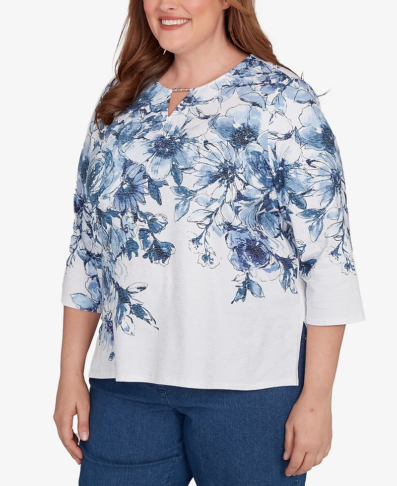 Alfred Dunner Plus Floral Split Beaded Keyhole Neck Top