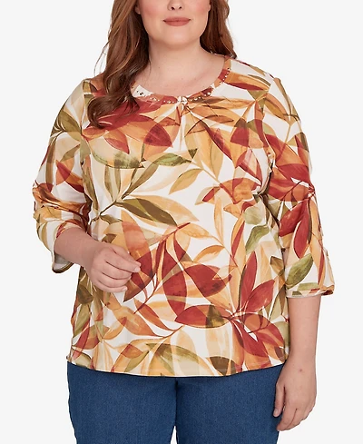 Alfred Dunner Plus Leaf Pleated Crew Neck Top