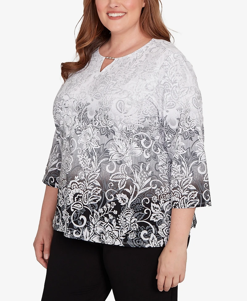 Alfred Dunner Plus Ombre Scroll Split Beaded Neck Top