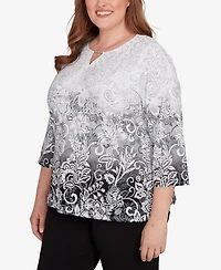 Alfred Dunner Plus Ombre Scroll Split Beaded Neck Top