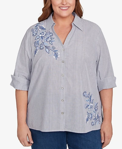 Alfred Dunner Plus Classic Diagonal Floral Metallic Stripe Button Front Top