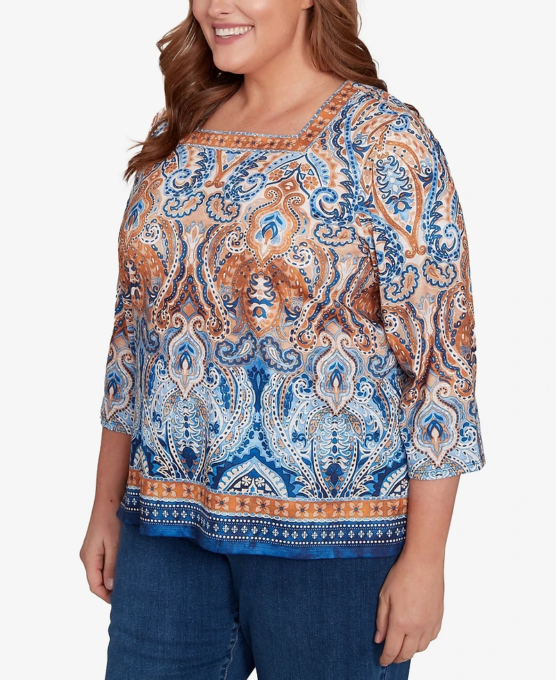 Alfred Dunner Plus Classic Medallion Bordered Square Neck Top