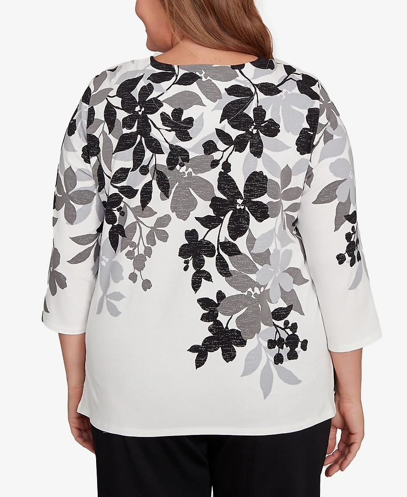 Alfred Dunner Plus Classic Shadow Leaf Three Quarter Sleeve Top