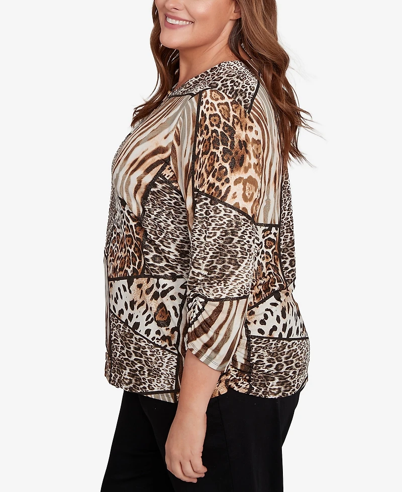 Alfred Dunner Plus Classic Puff Print Animal Colorblock Keyhole Neck Top
