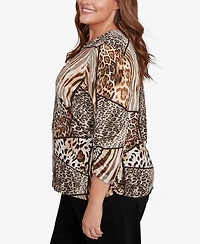 Alfred Dunner Plus Classic Puff Print Animal Colorblock Keyhole Neck Top