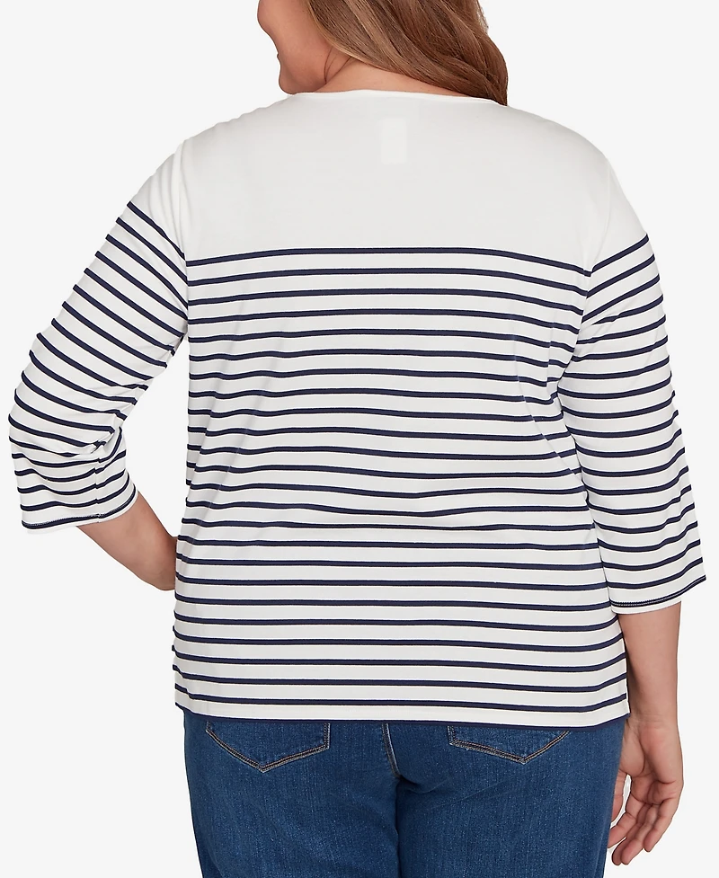 Alfred Dunner Plus Classic Sunflower Neckline Striped Top