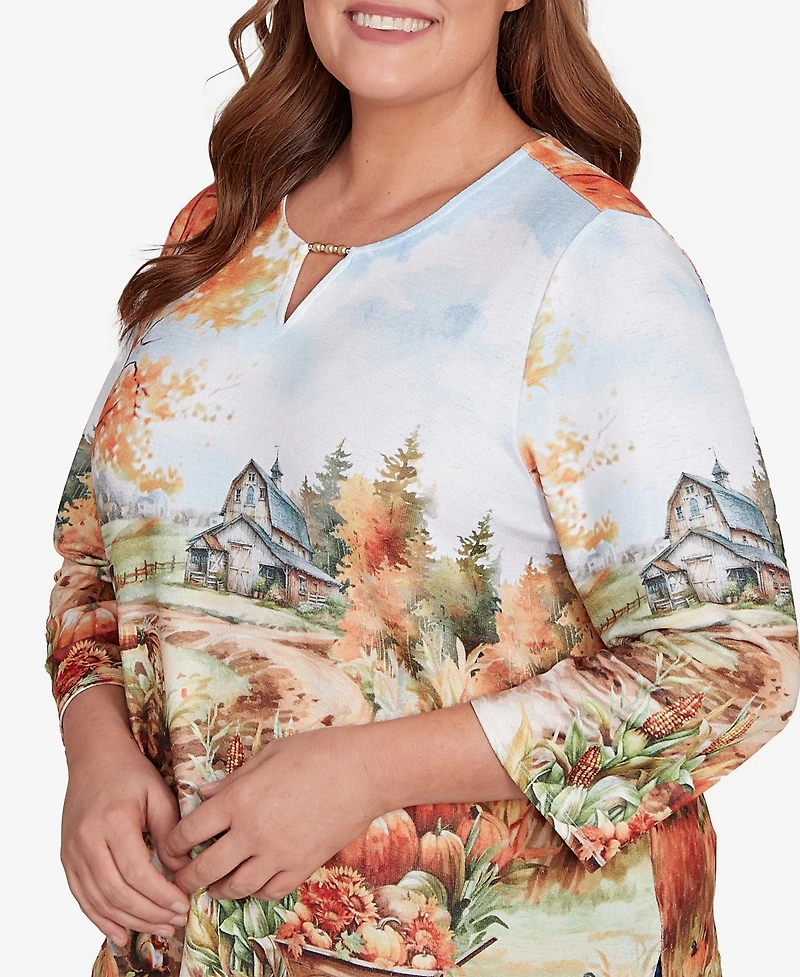 Alfred Dunner Plus Classic Farm Landscape Harvest Keyhole Neck Top