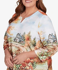 Alfred Dunner Plus Classic Farm Landscape Harvest Keyhole Neck Top