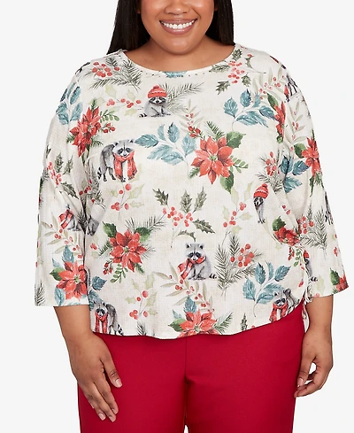 Alfred Dunner Plus Classic Holiday Poinsettias Crew Neck Top