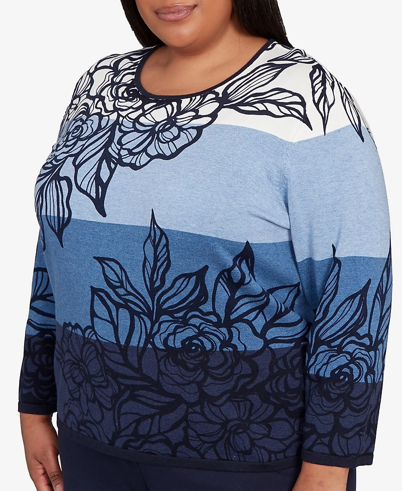 Alfred Dunner Plus Classic Ombre Floral Block Stripe Sweater