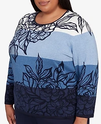 Alfred Dunner Plus Classic Ombre Floral Block Stripe Sweater