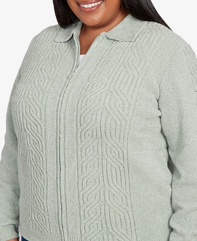Alfred Dunner Plus Size Classic Zip-Front Chenille Collared Cardigan Sweater