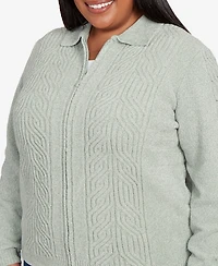 Alfred Dunner Plus Size Classic Zip-Front Chenille Collared Cardigan Sweater