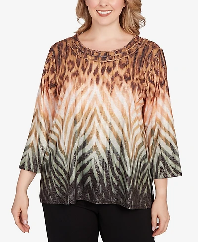 Alfred Dunner Plus Classic Ombre Animal Skin Three Quarter Sleeve Top