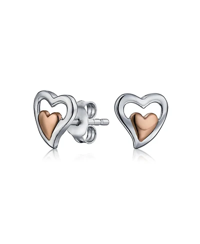 Bling Jewelry Petite Two-Toned Double Heart Stud Earrings, Rose Gold Sterling Silver Gift