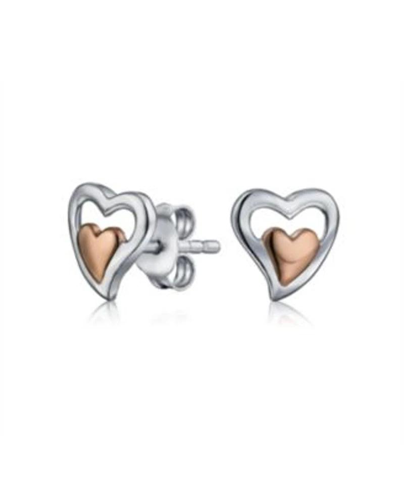 Bling Jewelry Petite Two Toned Double Heart Stud Earrings Rose Gold Sterling Silver Gift
