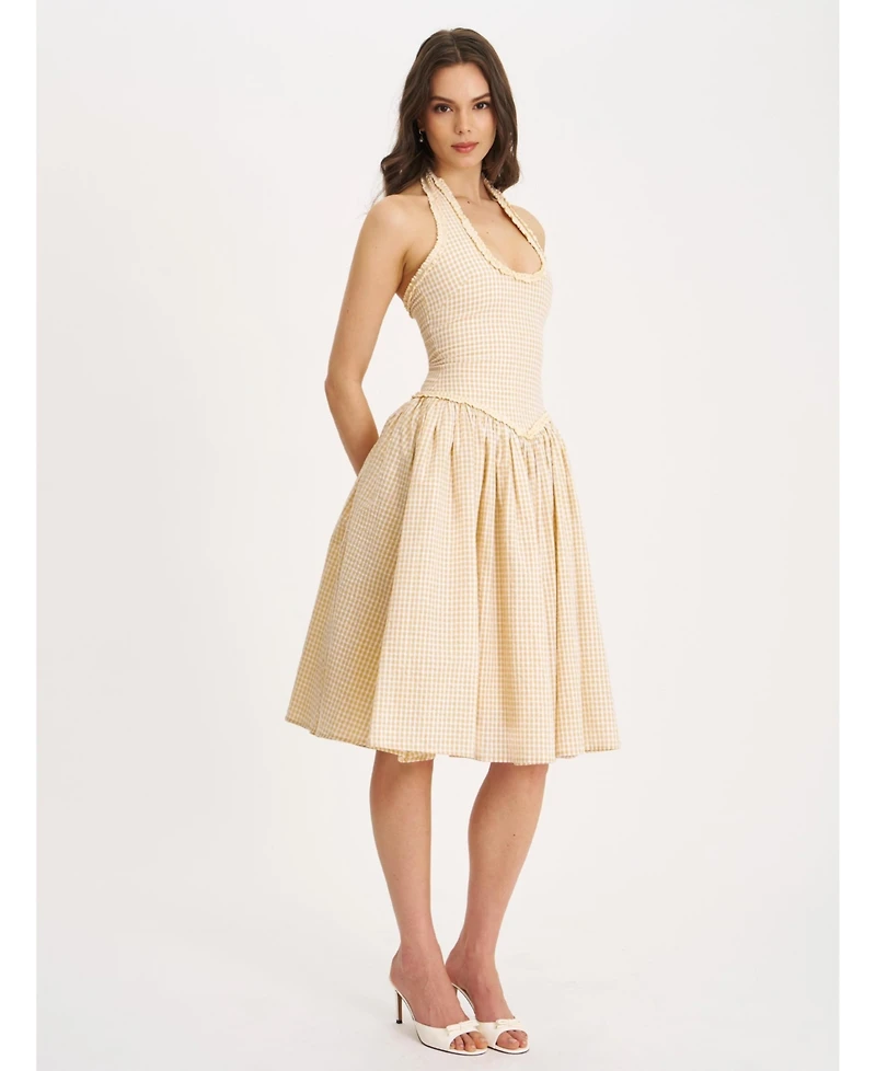 Miss Circle Women's Idella Yellow Gingham U Neck Midi Dress
