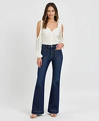 Modenaire Women's High Waist Flare Front Patch Pocket Jeans