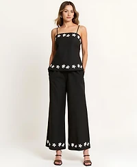 Modenaire Women's Embroidered Floral Hem Camisole and Wide-Leg Pant Set