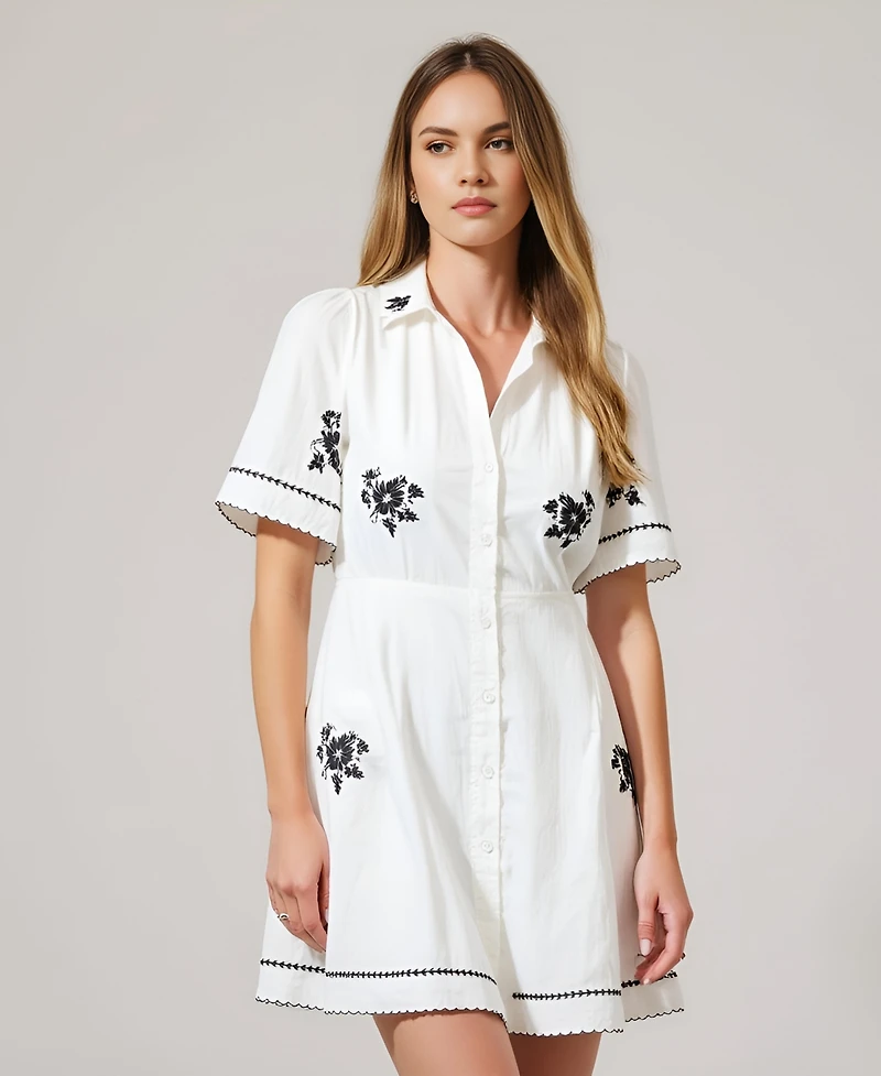 Modenaire Women's Short-Sleeve Embroidered Scalloped Shirt Dress