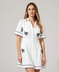 Modenaire Women's Short-Sleeve Embroidered Scalloped Shirt Dress
